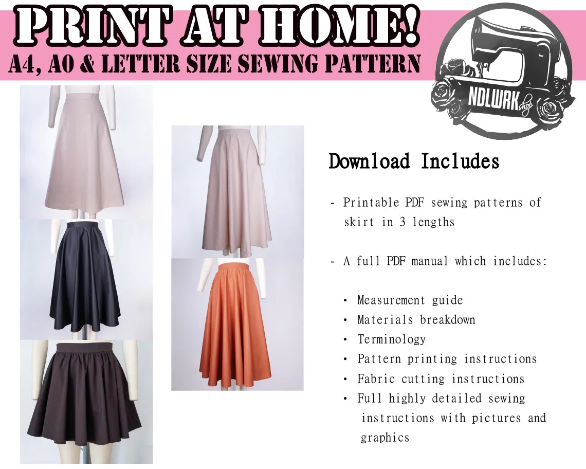 1/4 and 1/2 Circle Skirts Sewing Pattern/Downloadable PDF File and Tutorial Book