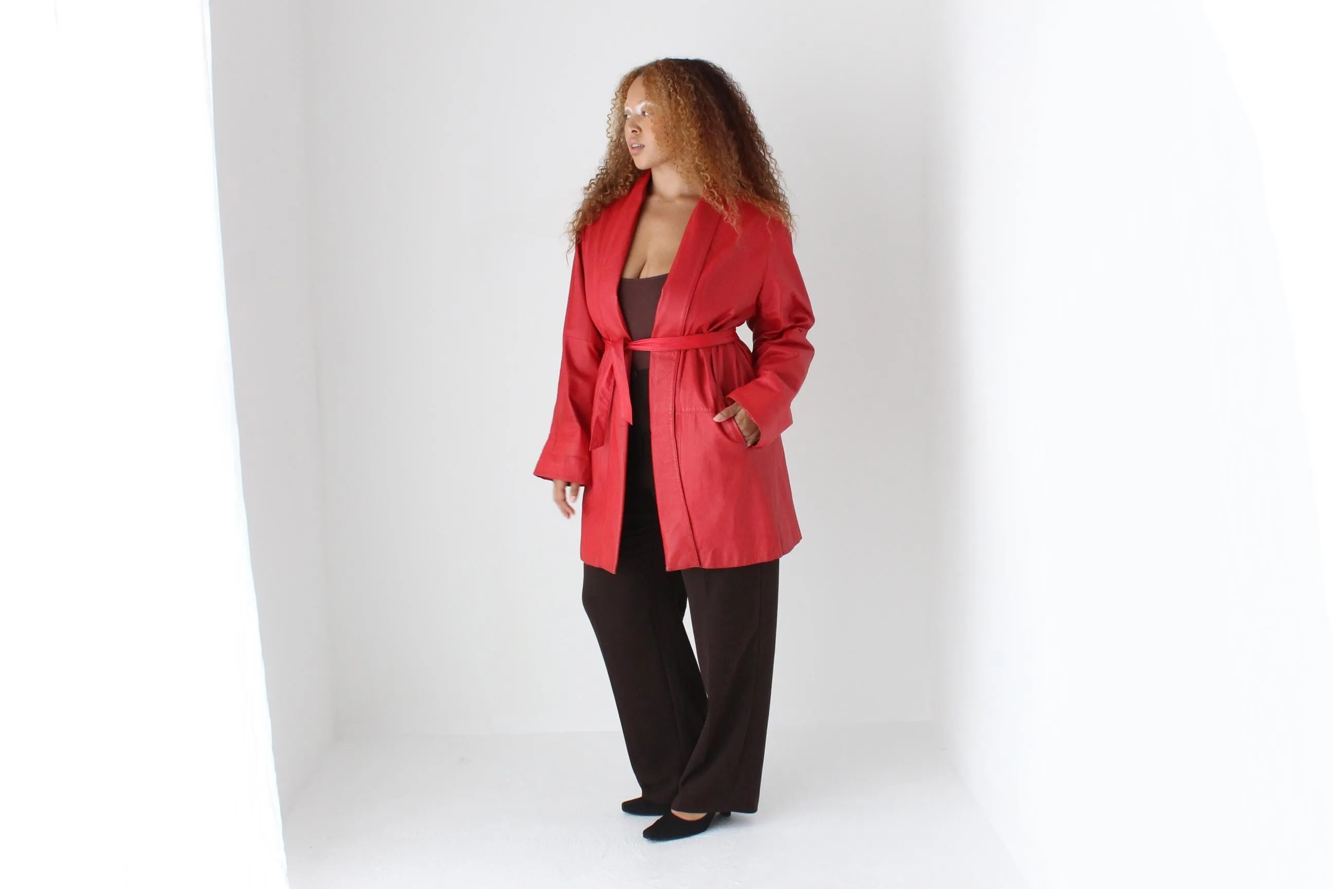 80s Red Leather Belted Swing Coat