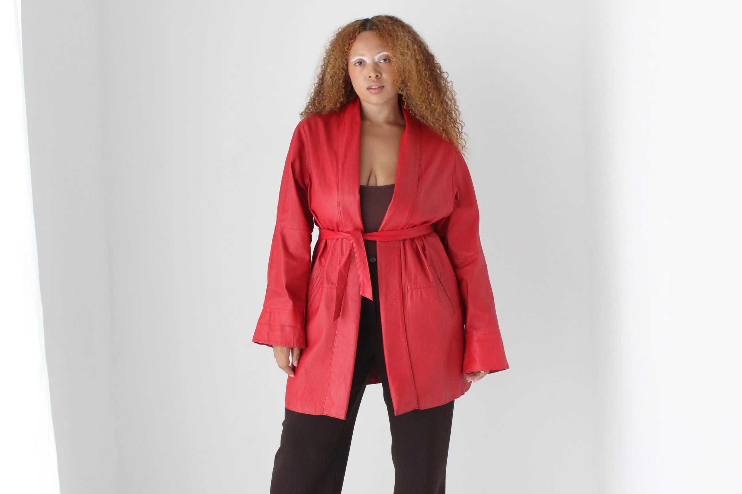 80s Red Leather Belted Swing Coat