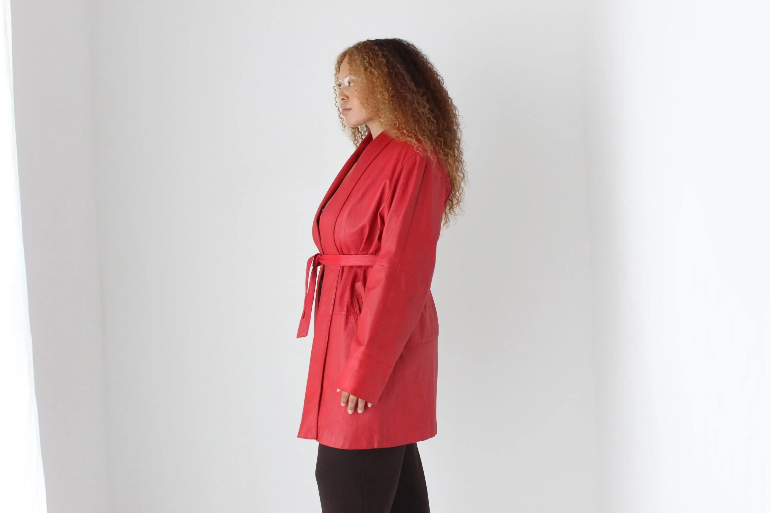 80s Red Leather Belted Swing Coat