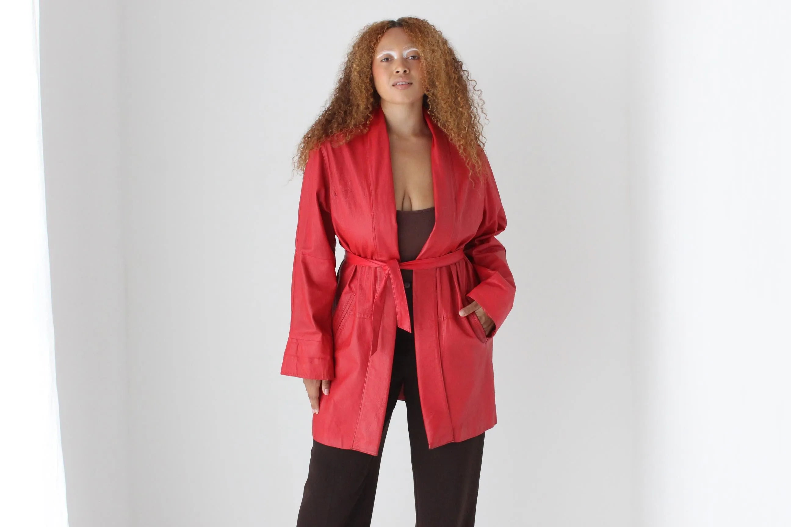 80s Red Leather Belted Swing Coat