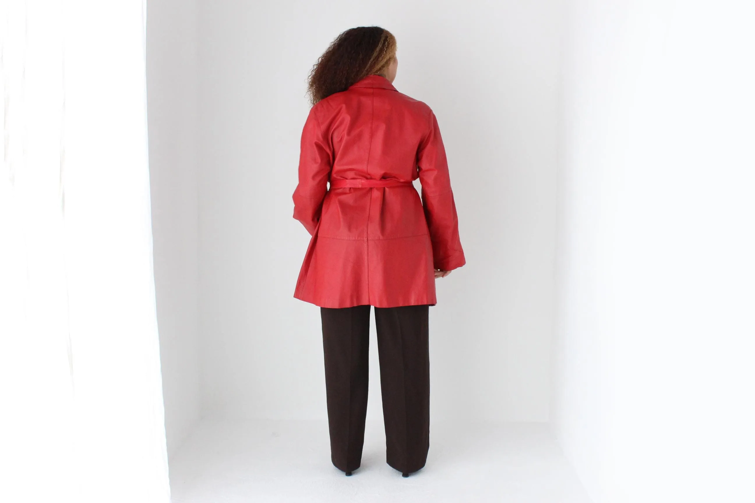 80s Red Leather Belted Swing Coat