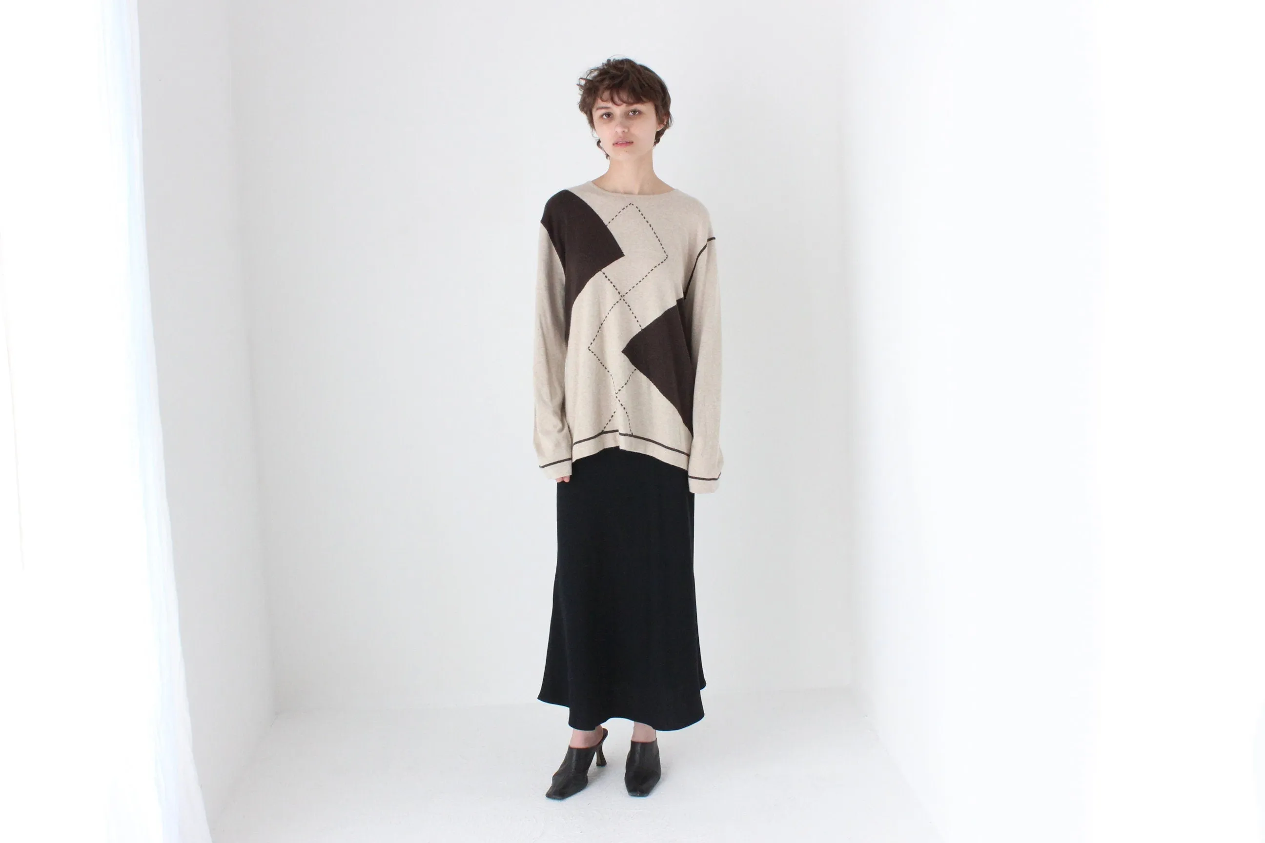 80s Soft Viscose / Cashmere / Angora Knit Neutral Argyle Sweater