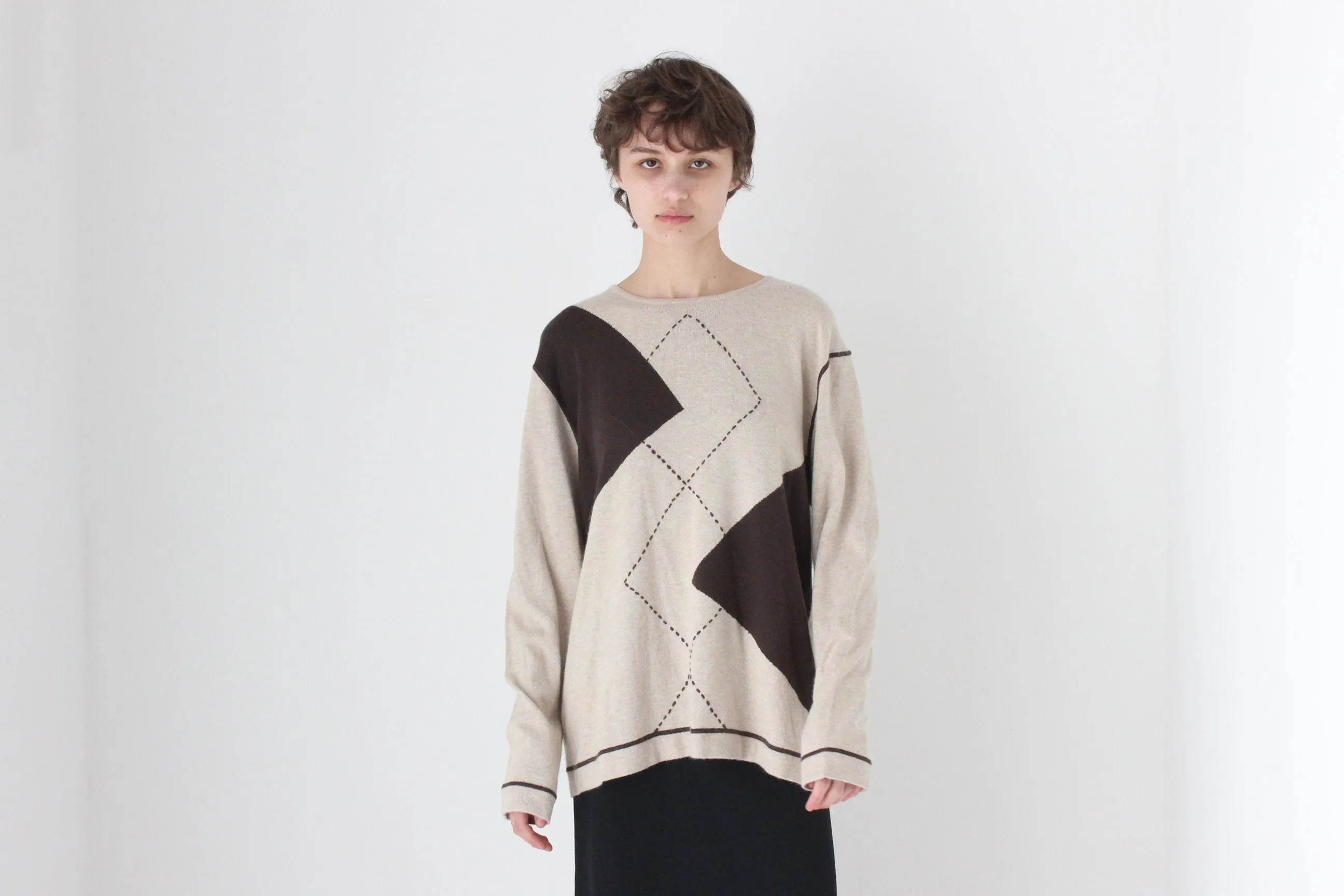 80s Soft Viscose / Cashmere / Angora Knit Neutral Argyle Sweater