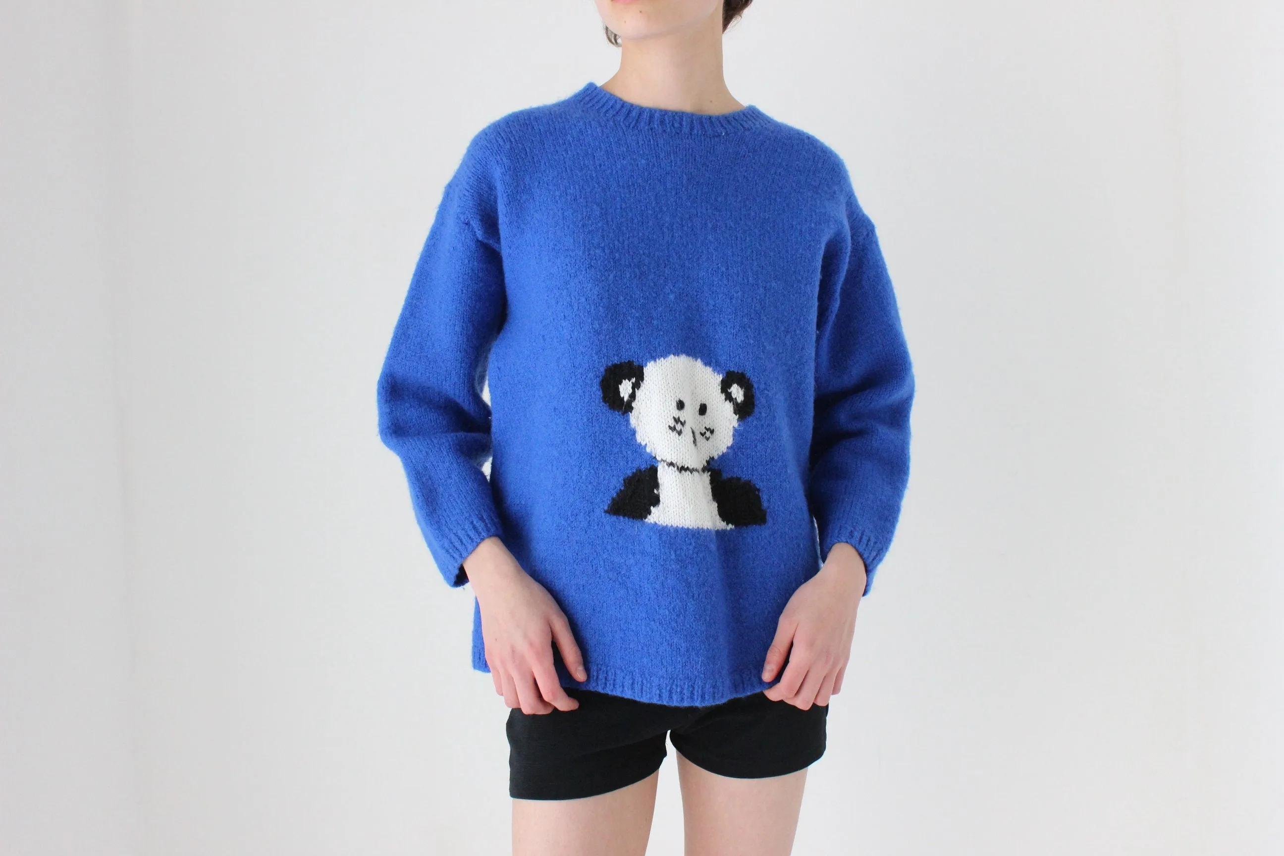 80s Wool Hand Knit Off-Centre Panda Bear Novelty Sweater