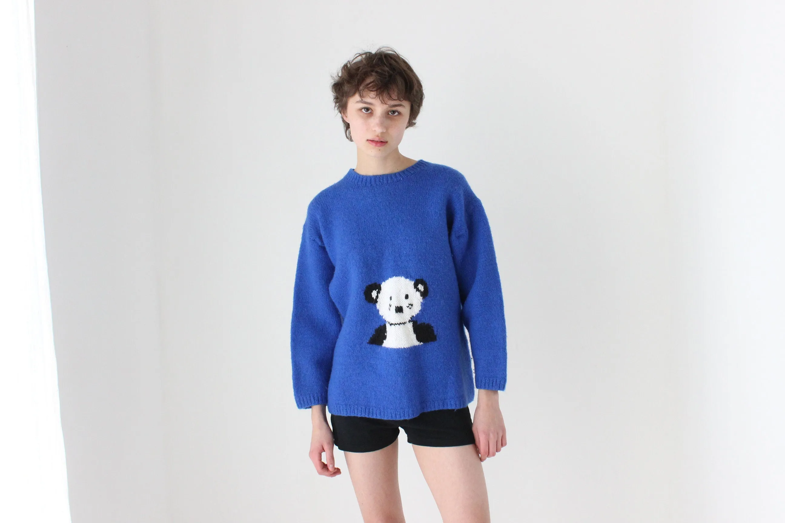 80s Wool Hand Knit Off-Centre Panda Bear Novelty Sweater