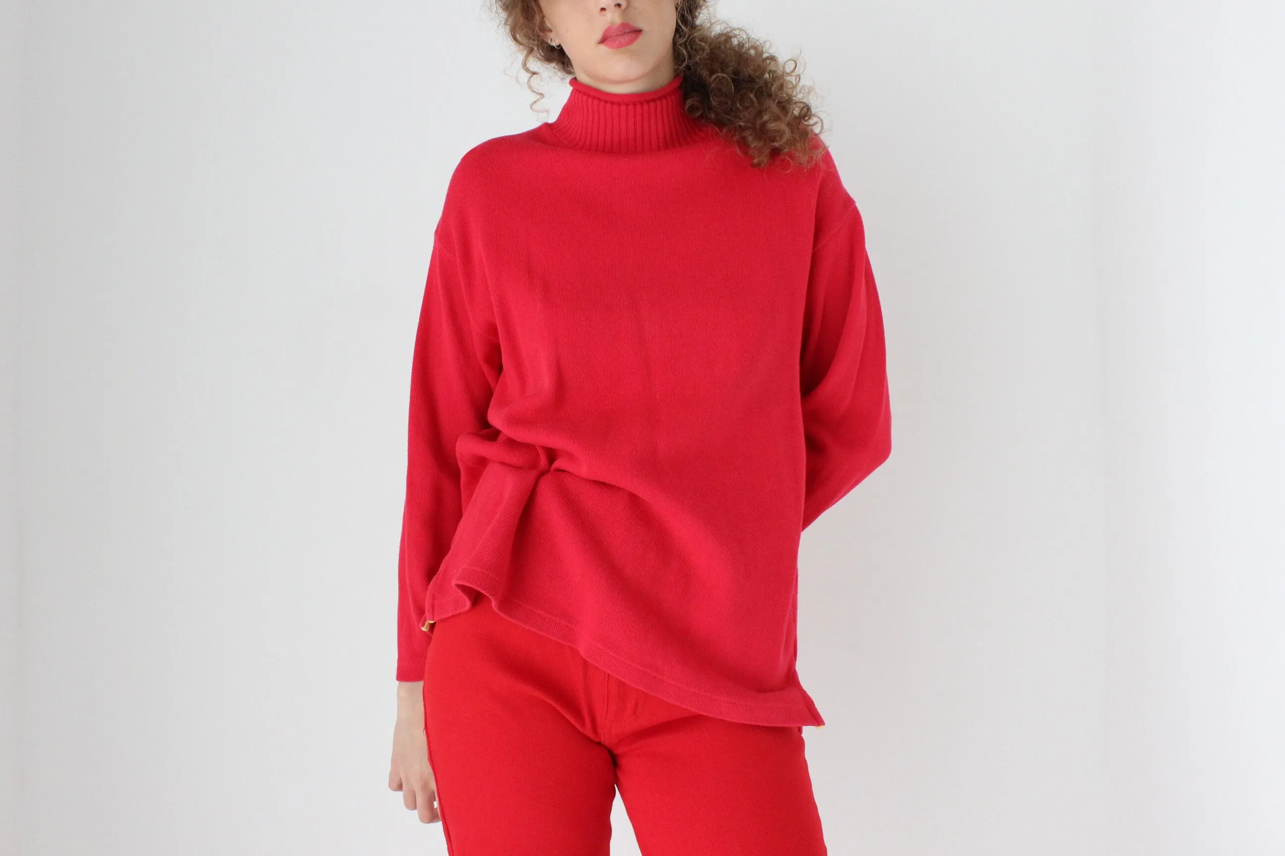 90s Pure Cotton Cherry Red High Neck Sweater