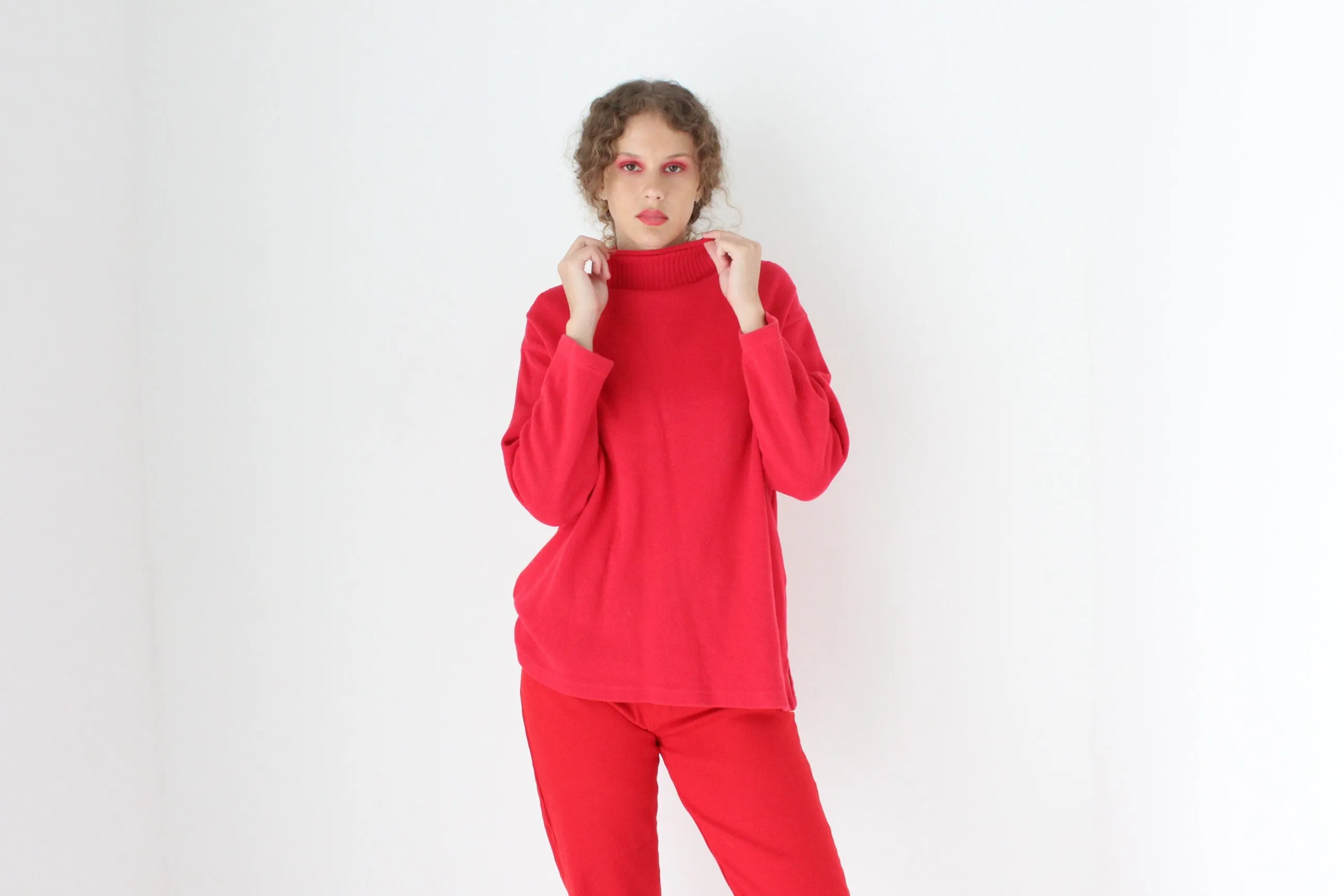 90s Pure Cotton Cherry Red High Neck Sweater