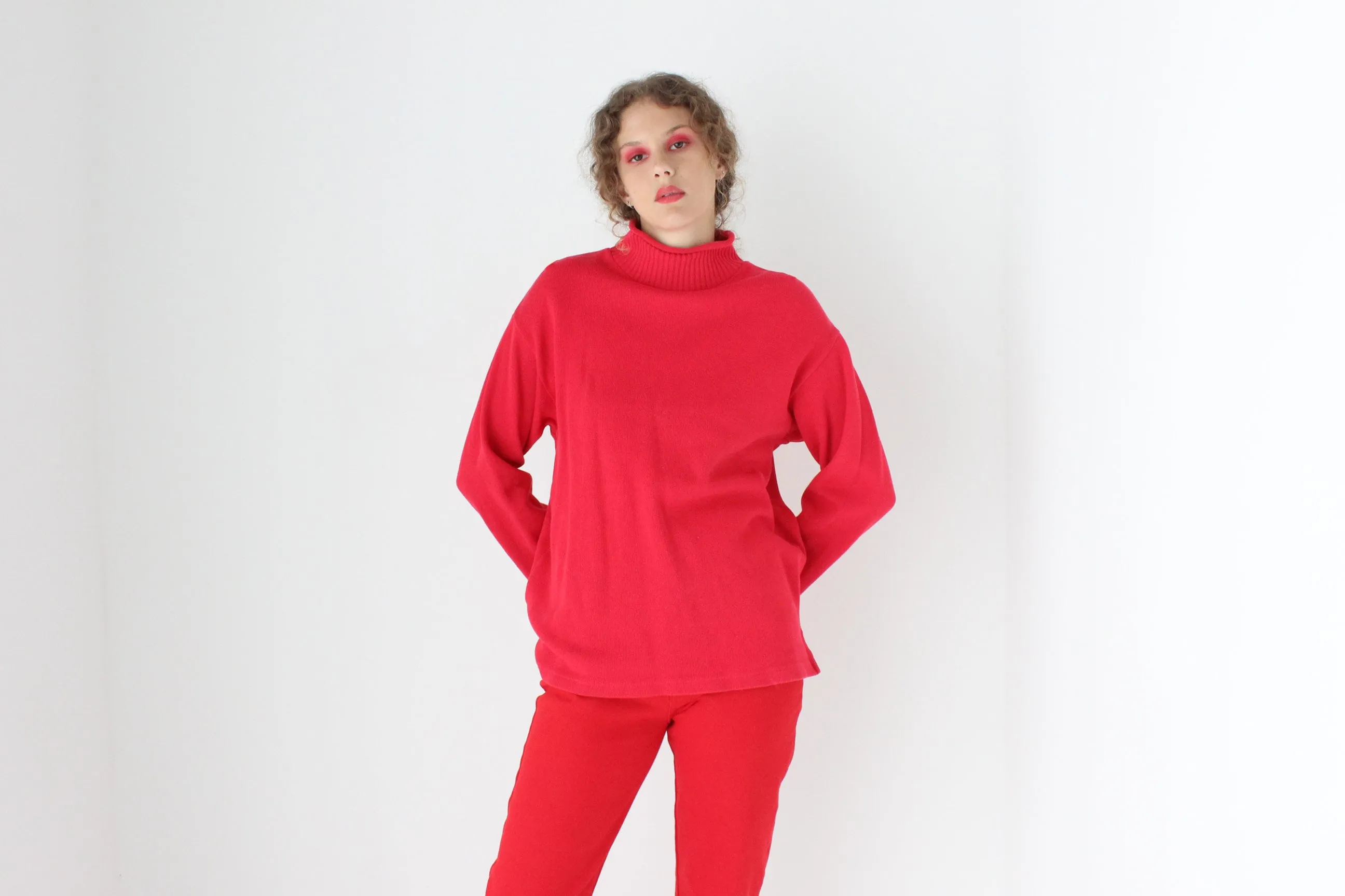 90s Pure Cotton Cherry Red High Neck Sweater