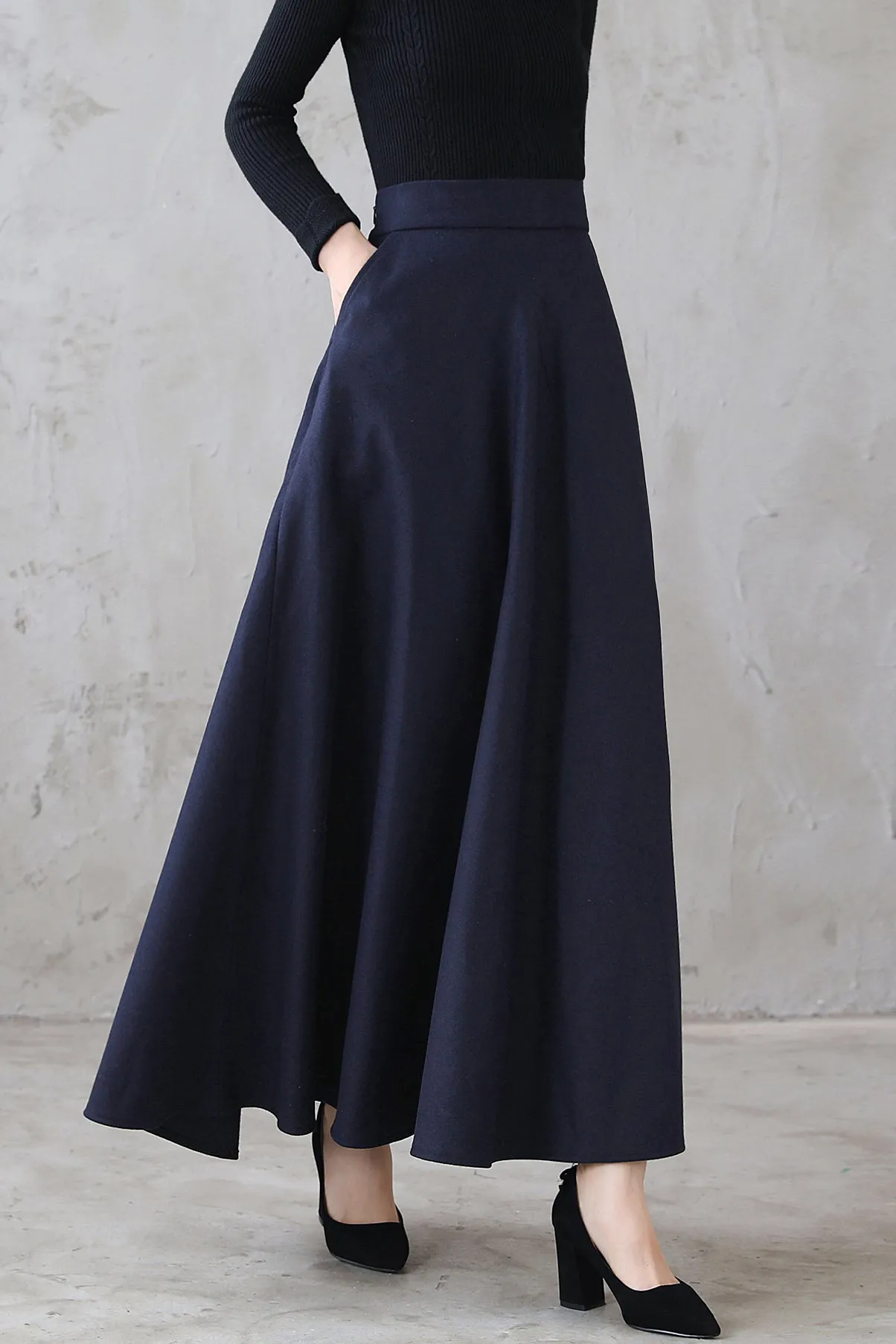 A Line Long Wool Skirt with Pockets 3116