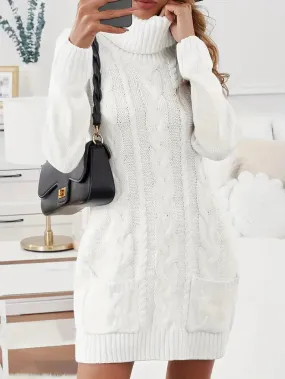 Amozae-nye outfits back to school dress  Turtle Neck Dual Pocket Cable Knit Sweater Dress