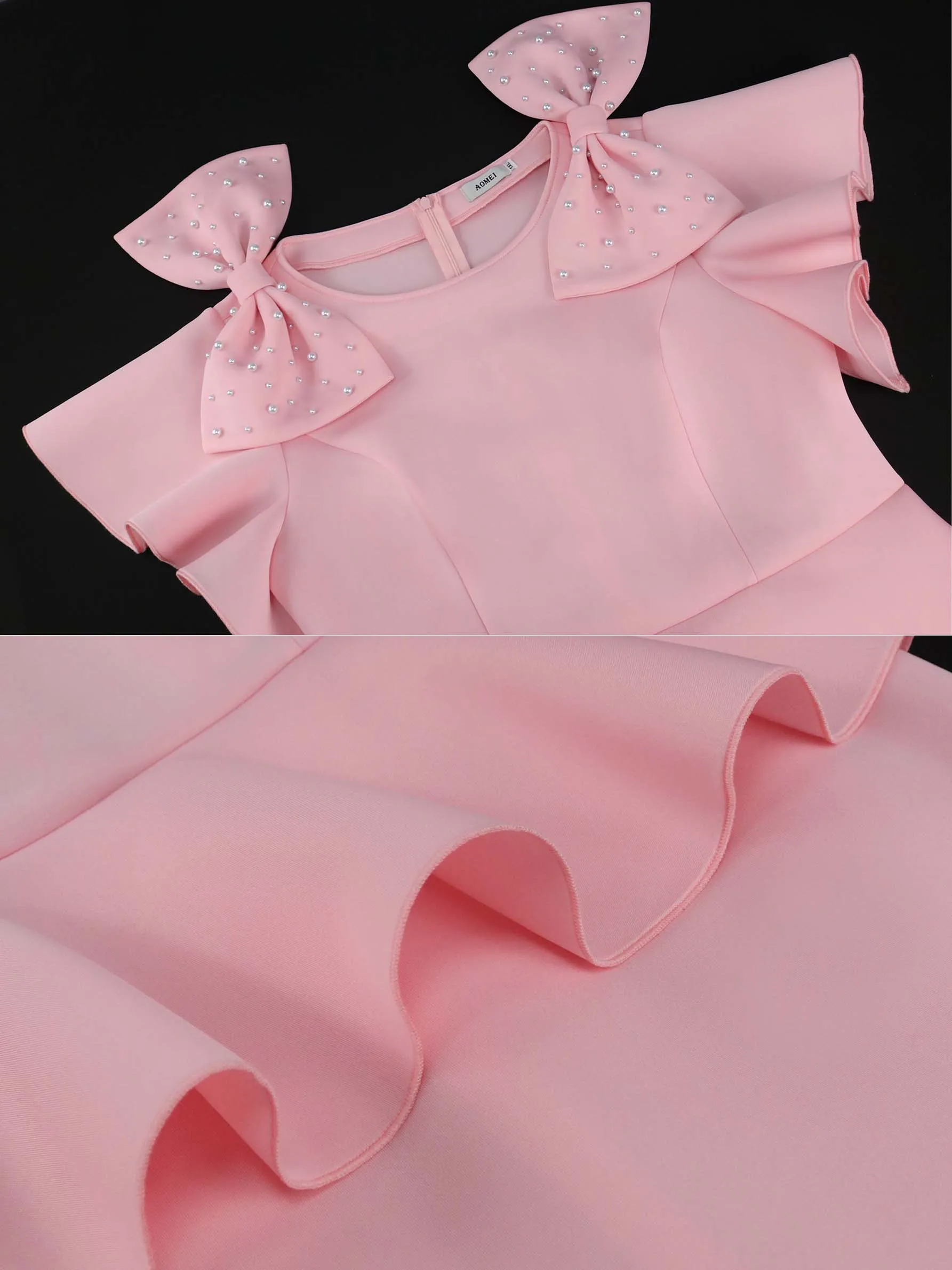 AOMEIDRESS Pink Sweet Dress O Neck Bows Beading Short Sleeves Ruffles