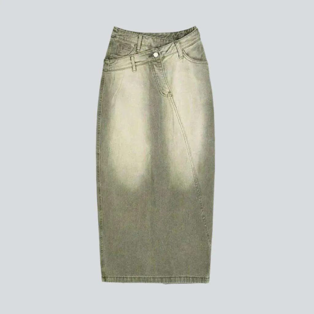 Asymmetric vintage green denim skirt