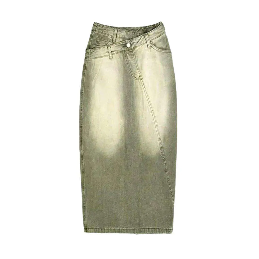 Asymmetric vintage green denim skirt