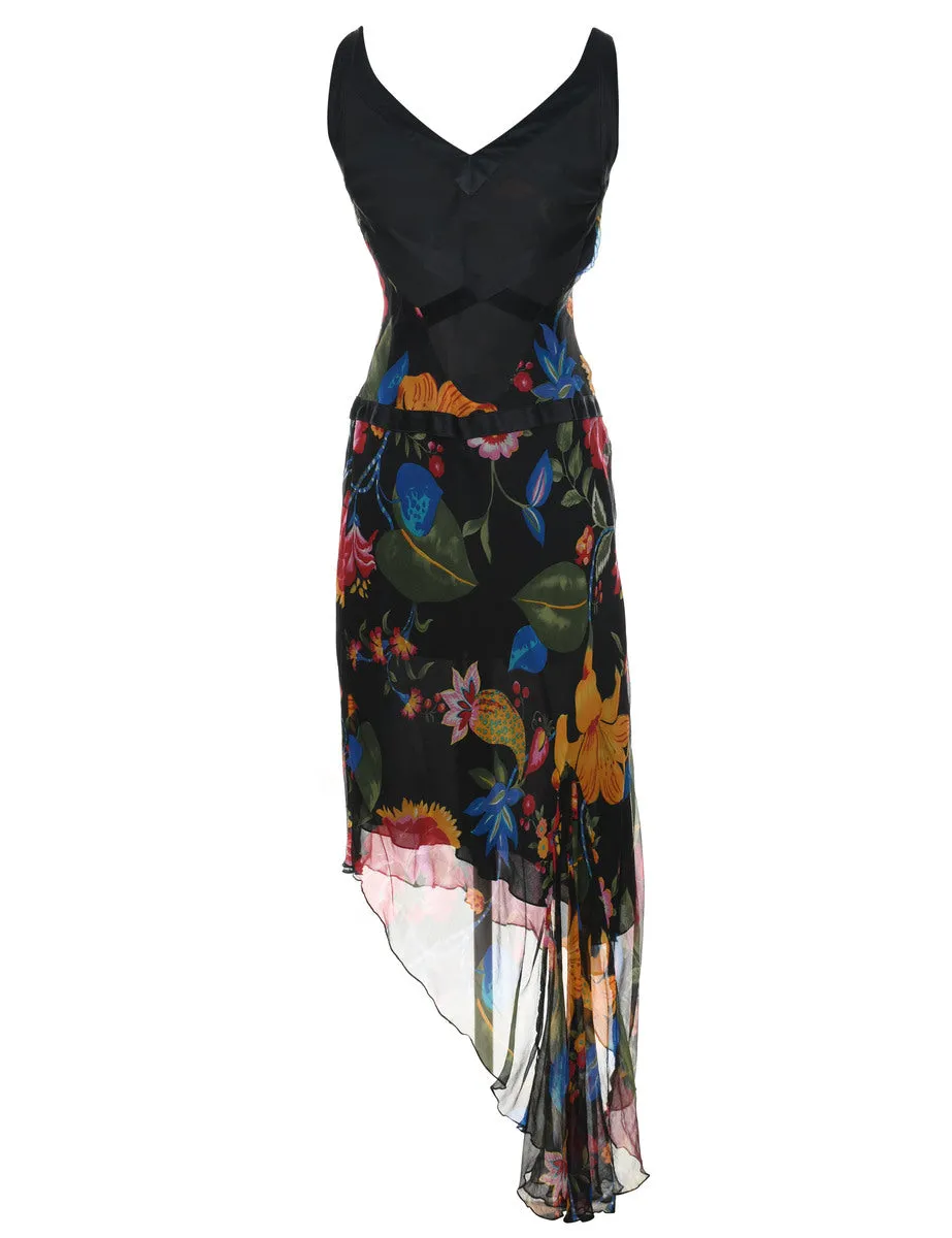 Asymmetric Y2K Floral Print Bodycon Dress - S