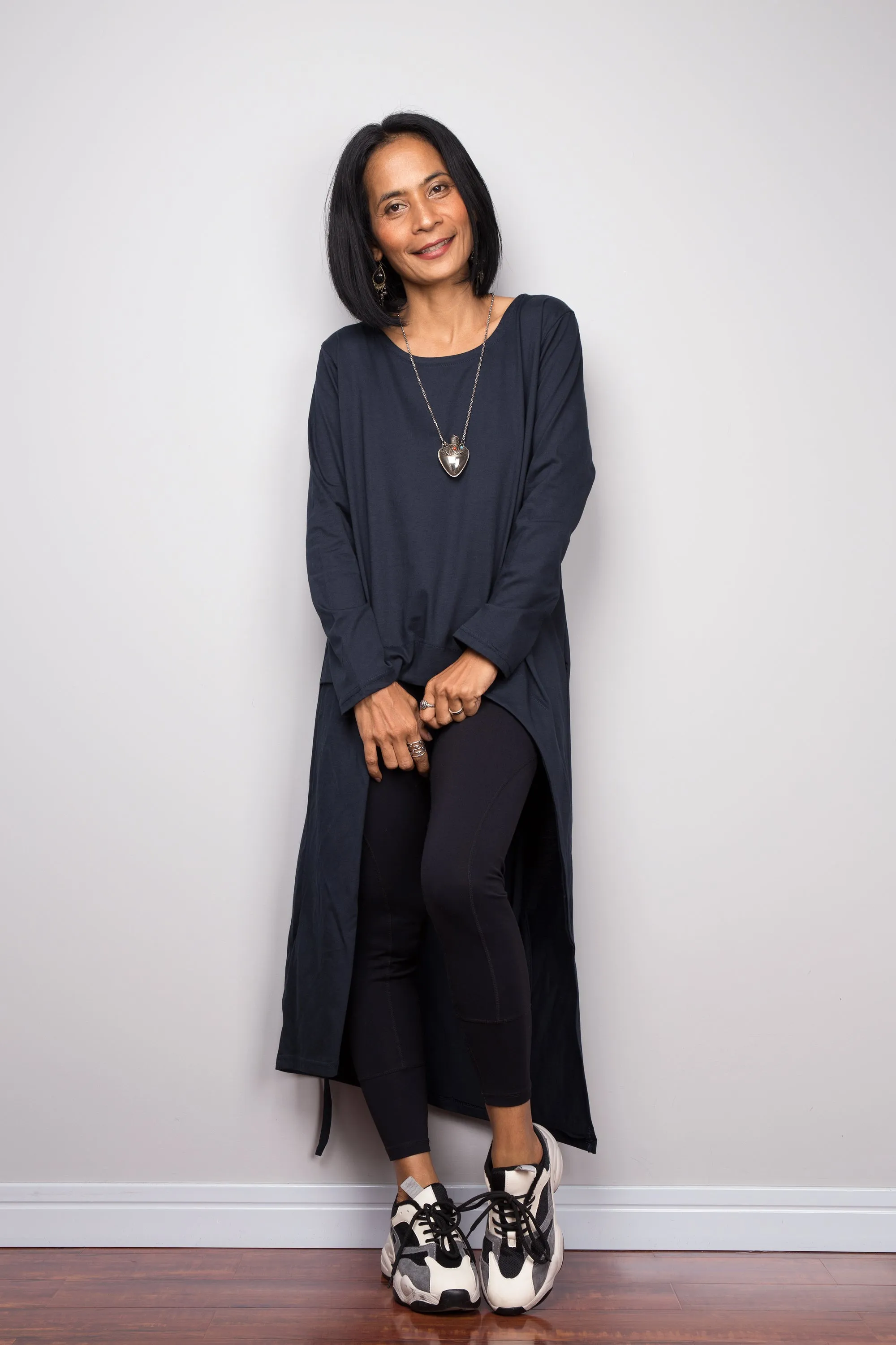 Asymmetrical navy blue tunic dress