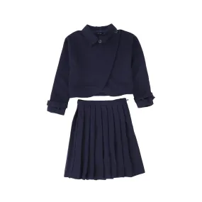 Bamboo Navy Wool Pleated Skirt And Jacket Set