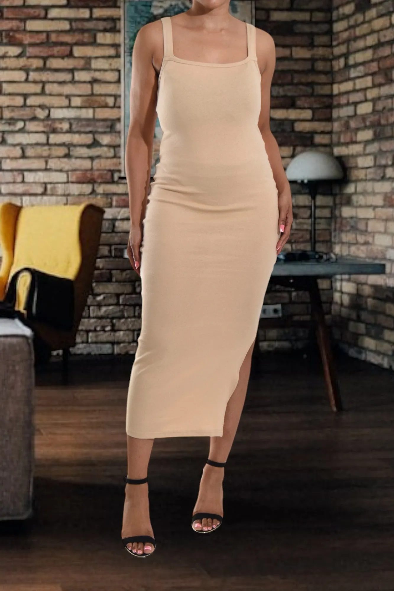 Beige Rib Bodycon Slit Dress