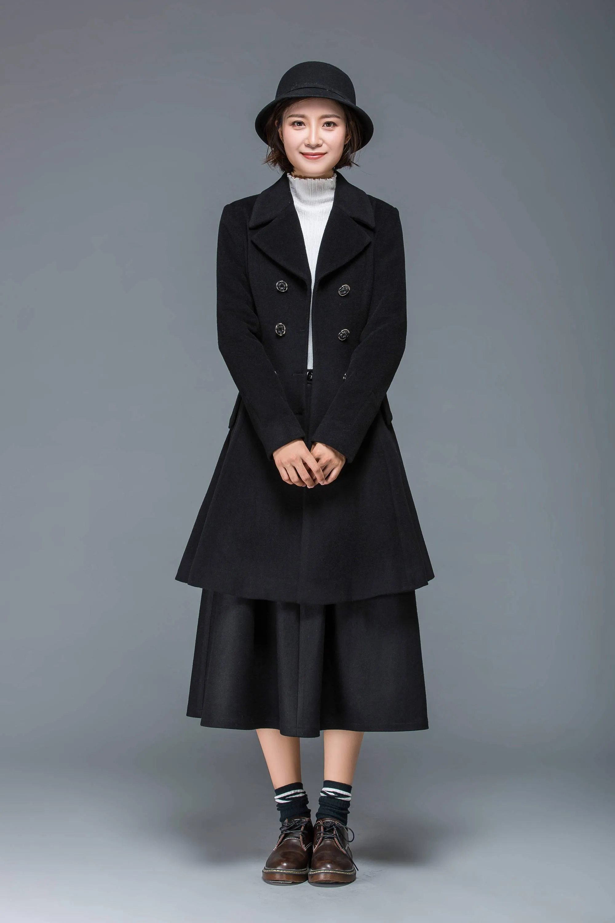 Black coat, wool coat for winter, midi coat women, short coat, double breasted coat, warm winter coat, winter coat pockets  C1174