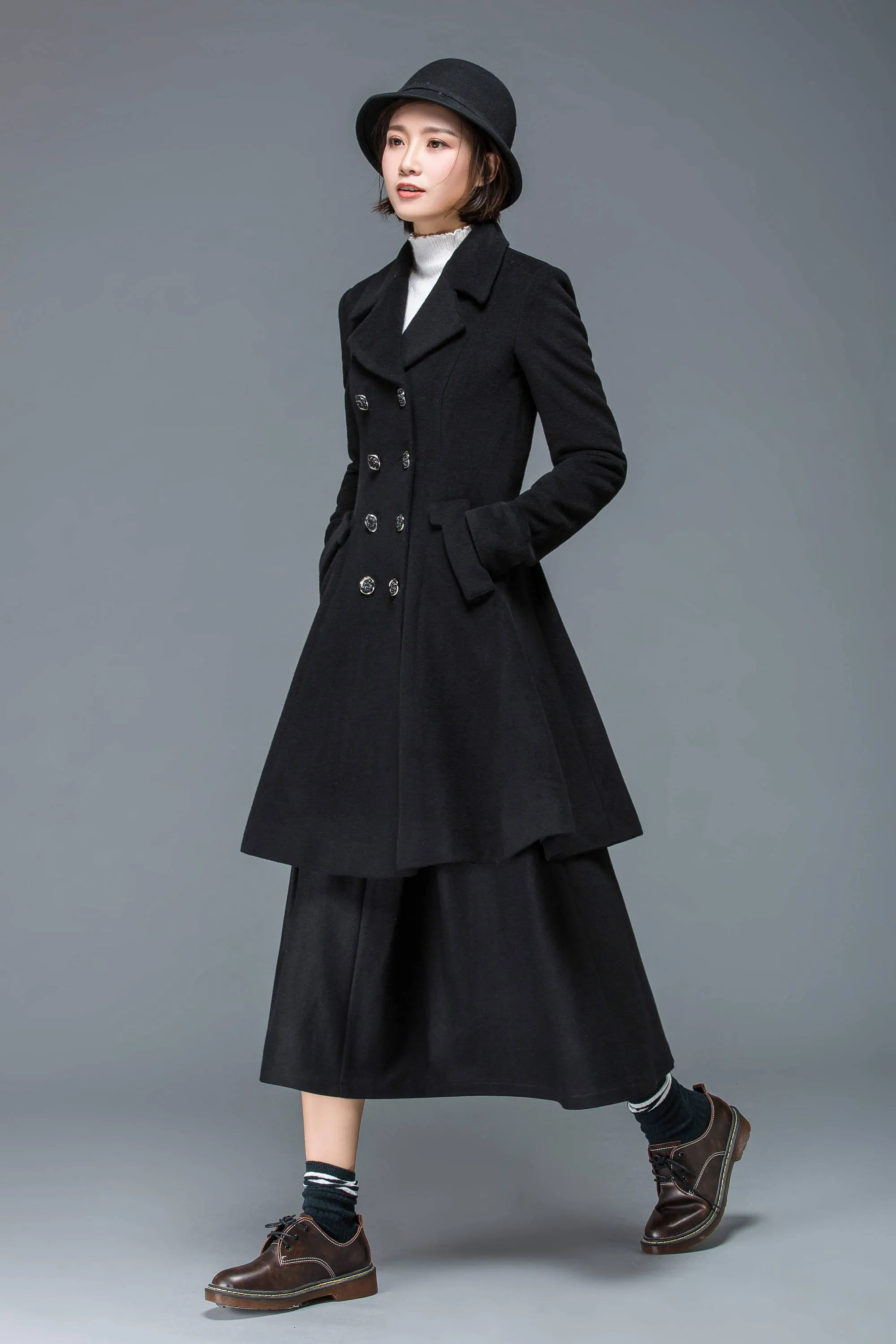 Black coat, wool coat for winter, midi coat women, short coat, double breasted coat, warm winter coat, winter coat pockets  C1174