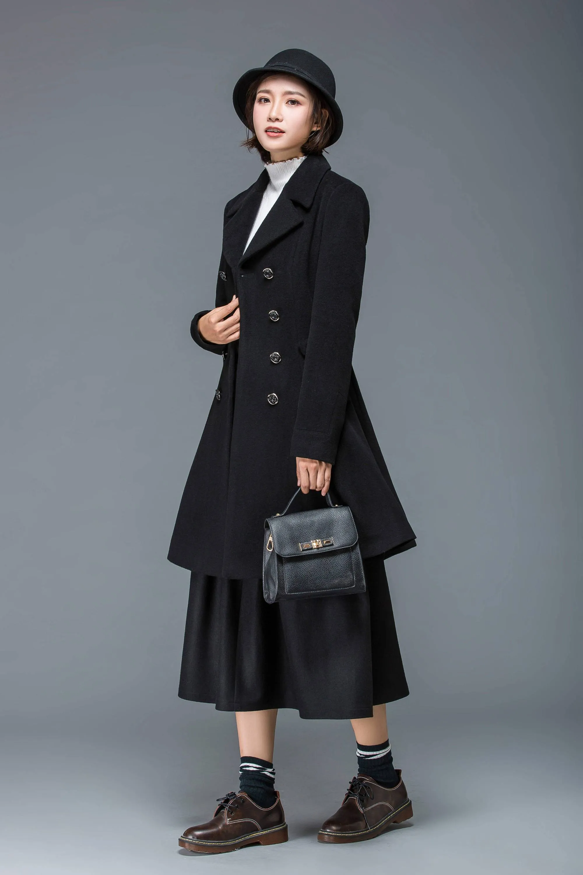 Black coat, wool coat for winter, midi coat women, short coat, double breasted coat, warm winter coat, winter coat pockets  C1174