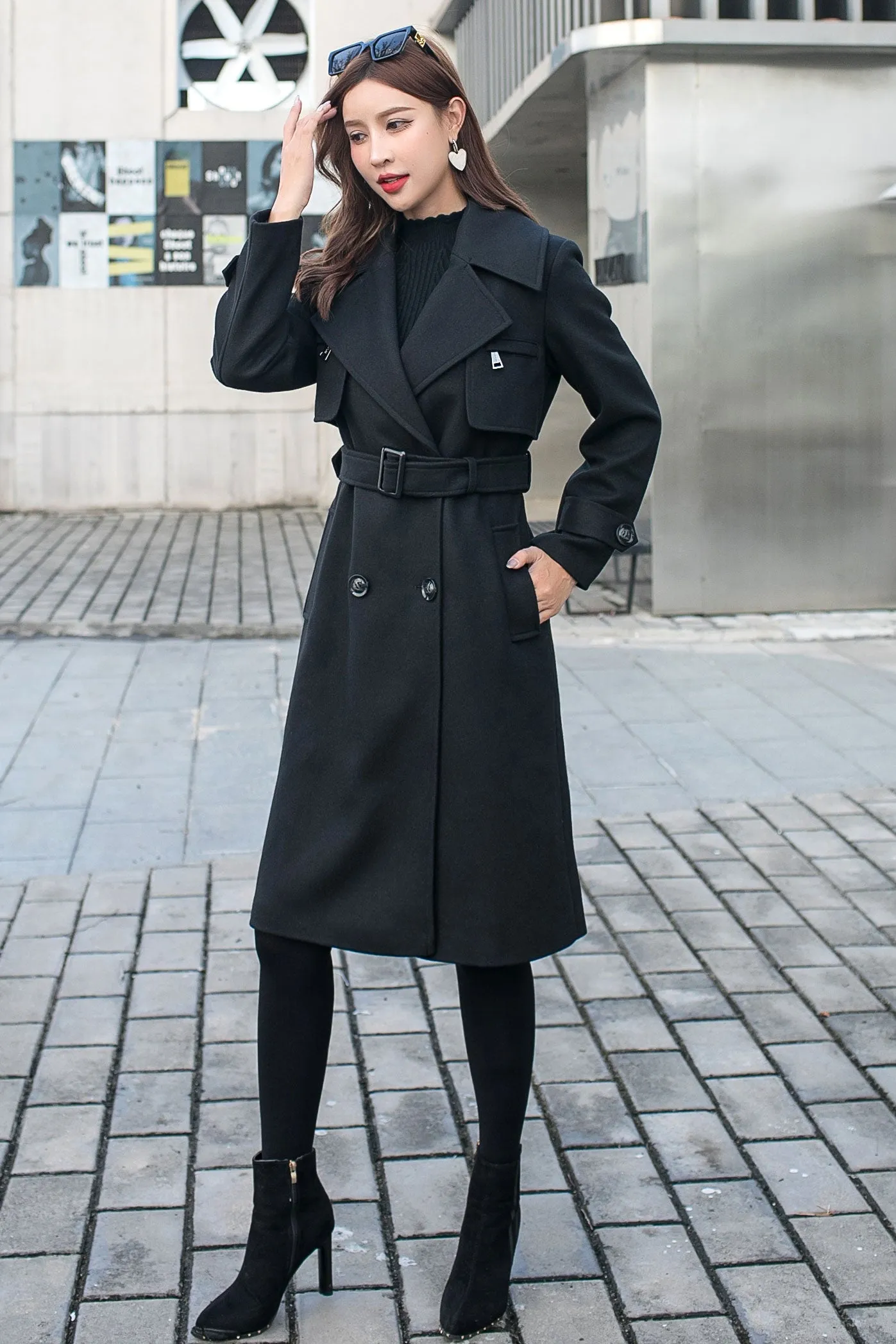 Black Military Wool Coat, Long Wool Trench Coat C2584