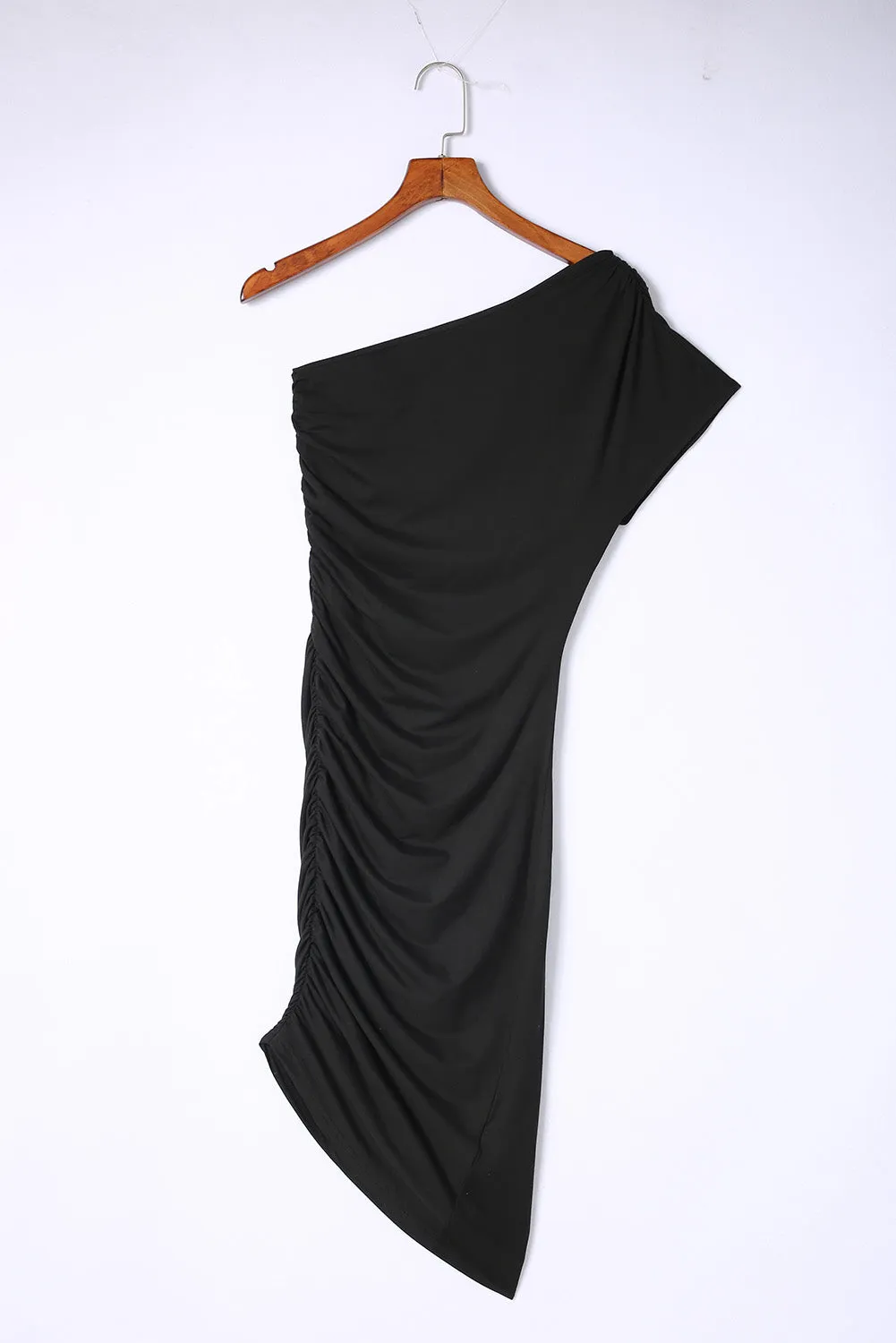 Black One-Shoulder Short Sleeve Ruched Bodycon Dress