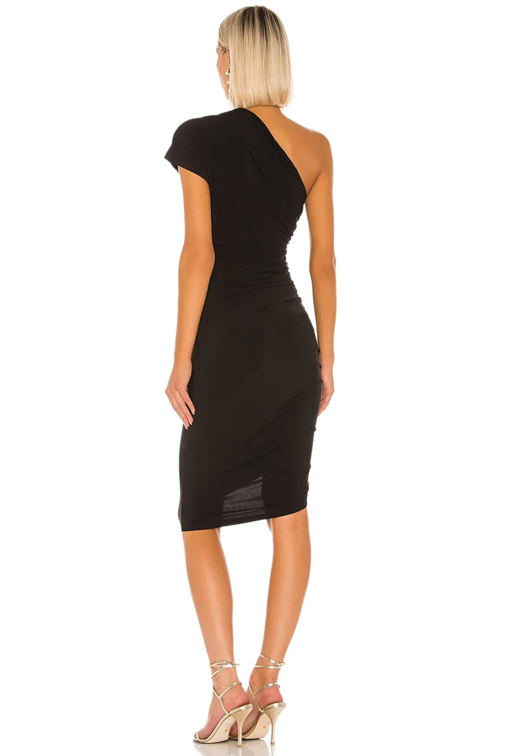 Black One-Shoulder Short Sleeve Ruched Bodycon Dress