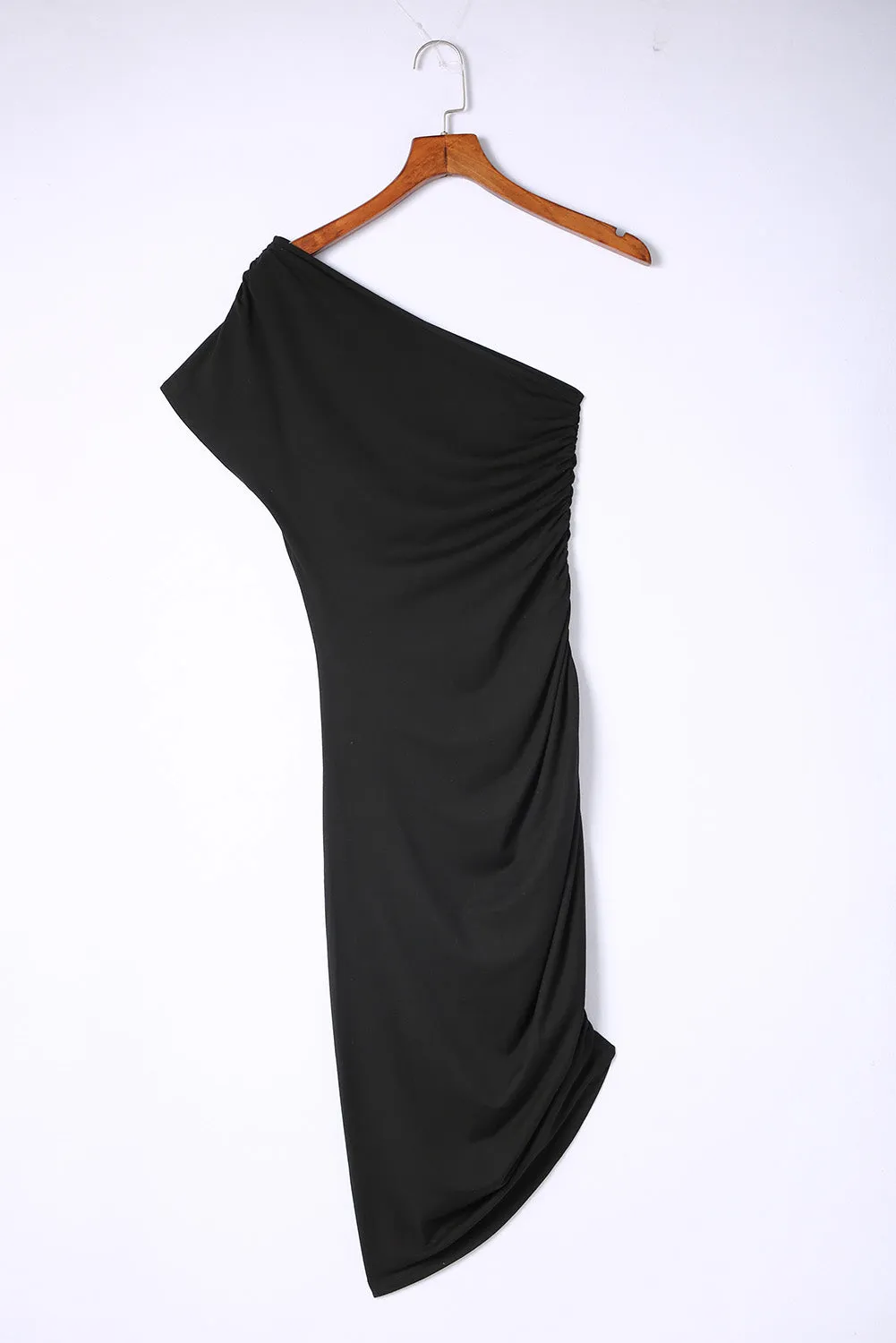 Black One-Shoulder Short Sleeve Ruched Bodycon Dress