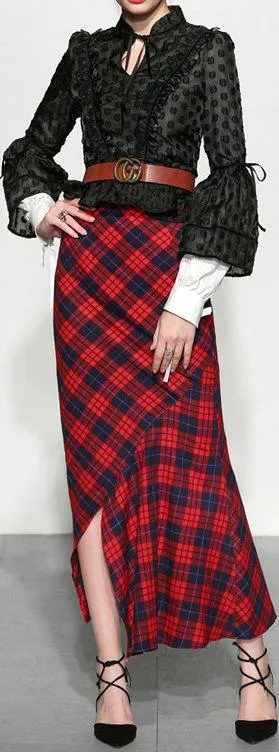 Black Ruffled Blouse with White Shirt Detail and Long Asymmetrical Plaid Skirt and GG Logo Belt Set