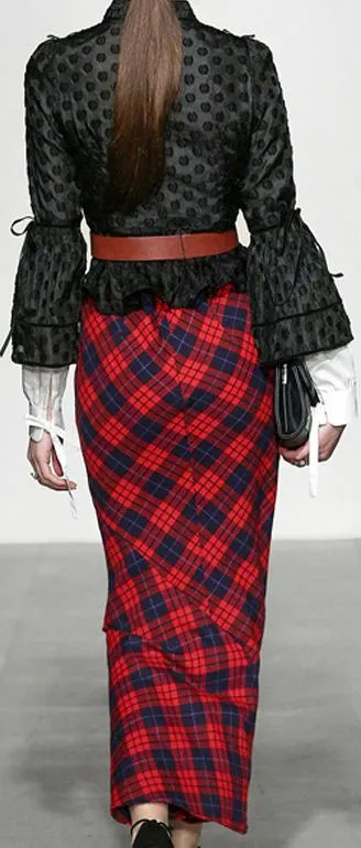 Black Ruffled Blouse with White Shirt Detail and Long Asymmetrical Plaid Skirt and GG Logo Belt Set