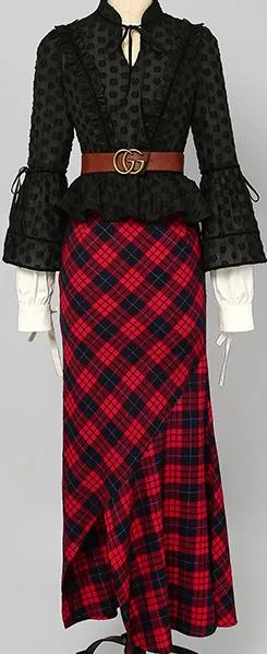 Black Ruffled Blouse with White Shirt Detail and Long Asymmetrical Plaid Skirt and GG Logo Belt Set