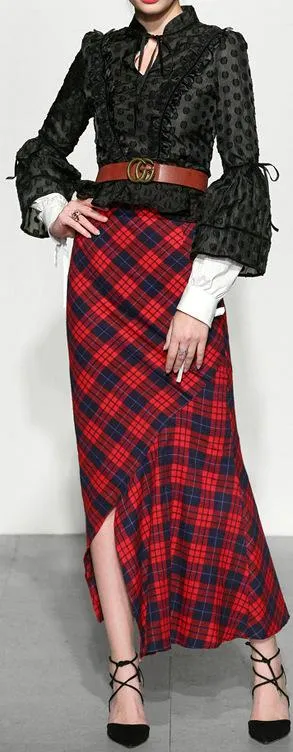 Black Ruffled Blouse with White Shirt Detail and Long Asymmetrical Plaid Skirt and GG Logo Belt Set