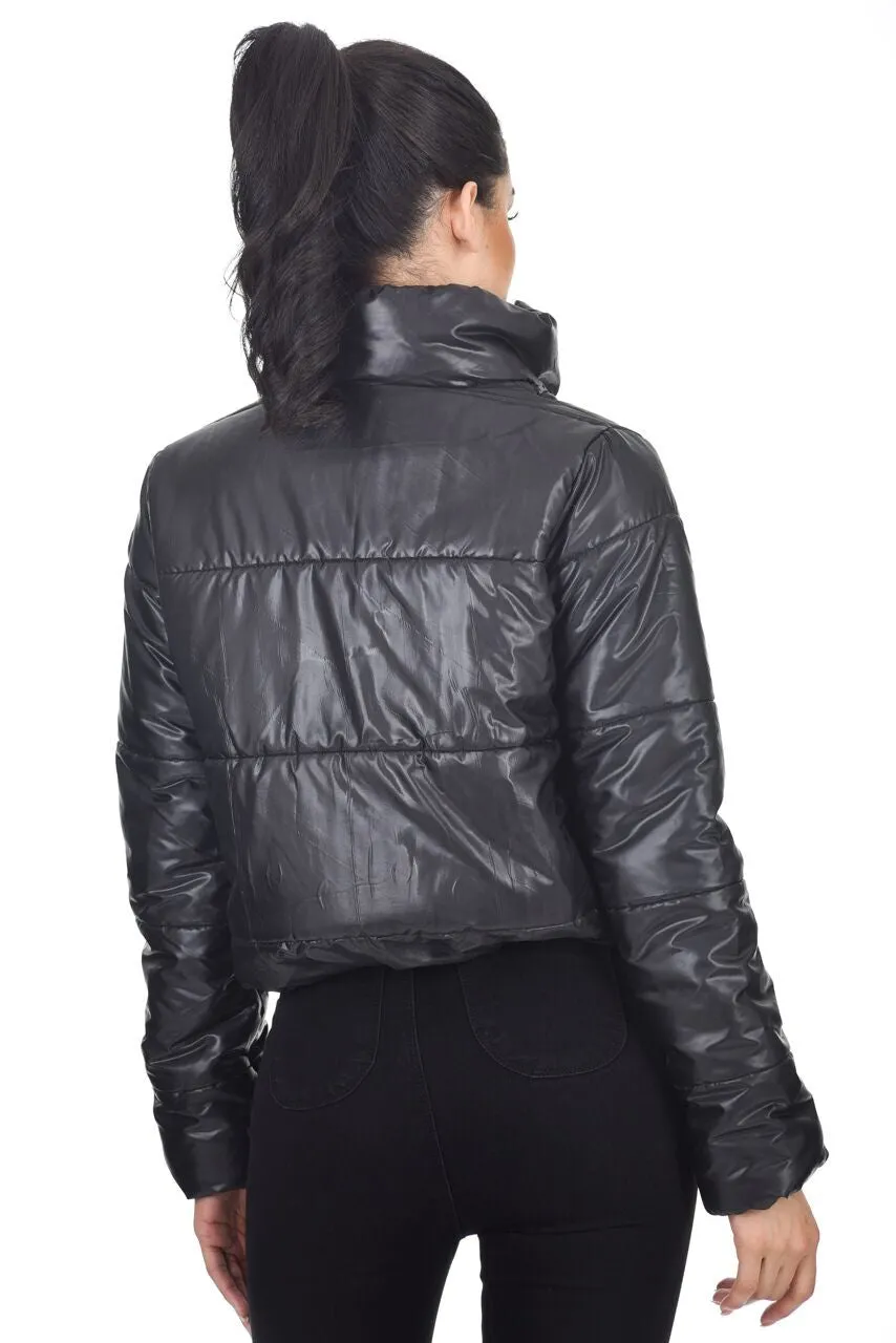 Black Wet Look Puffer Jacket