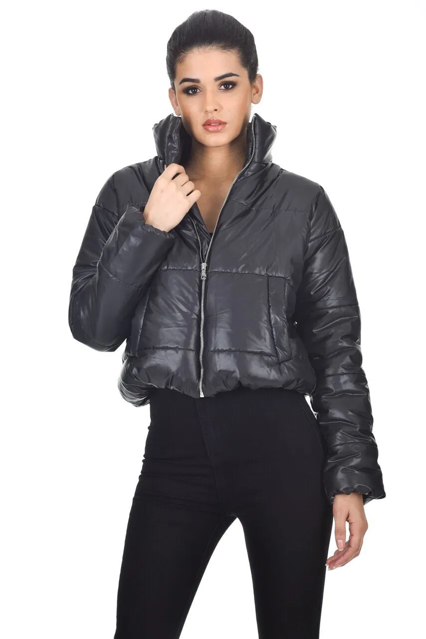 Black Wet Look Puffer Jacket