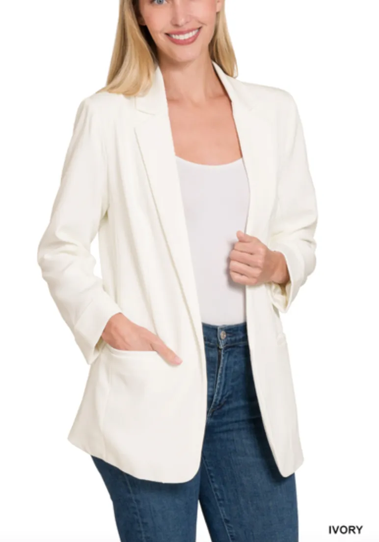 Blanco, Roll Cuff Sleeve Woven Long Blazer