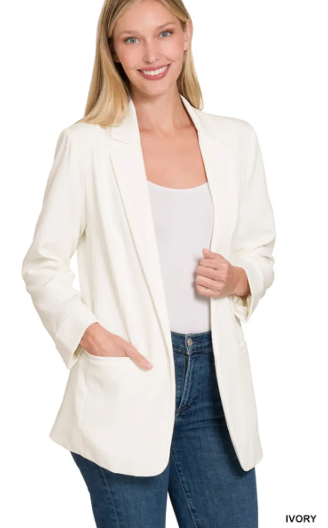 Blanco, Roll Cuff Sleeve Woven Long Blazer