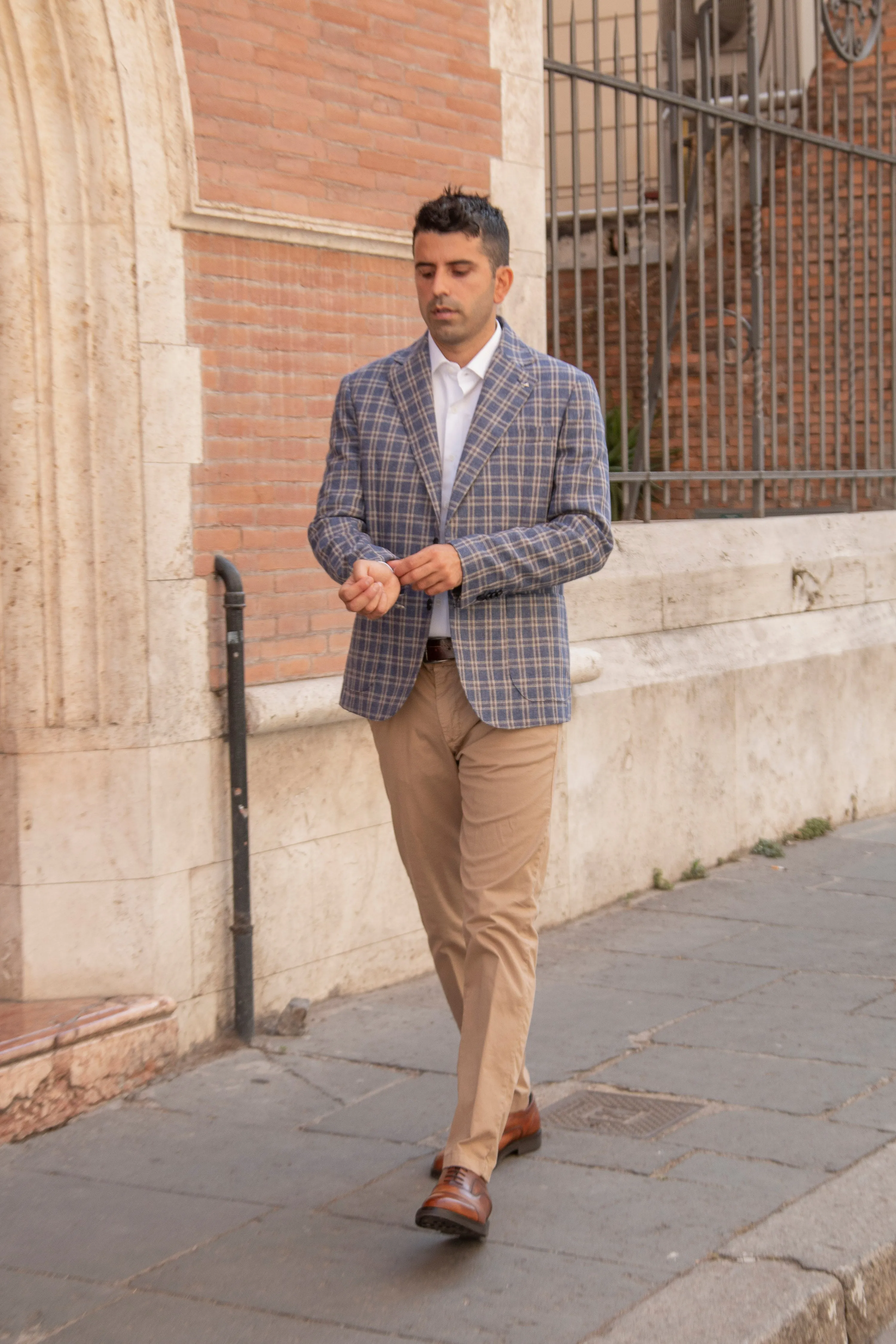 Blue Checked with Beige Linen & Cotton Blazer