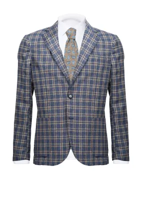 Blue Checked with Beige Linen & Cotton Blazer