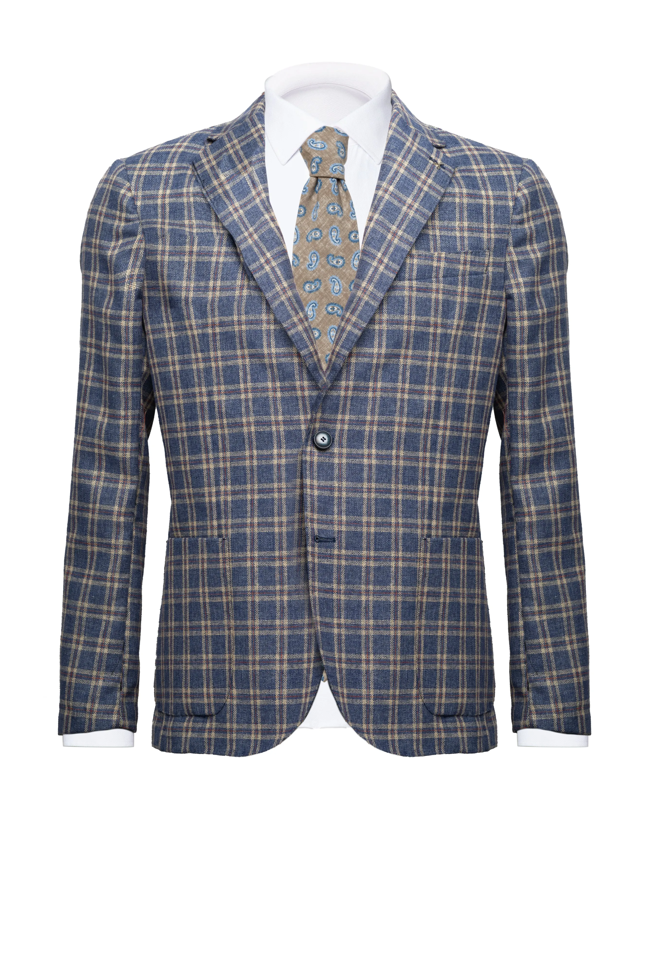 Blue Checked with Beige Linen & Cotton Blazer