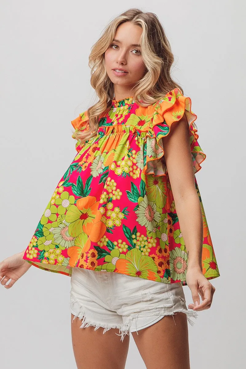 Bright Floral Ruffle Blouse