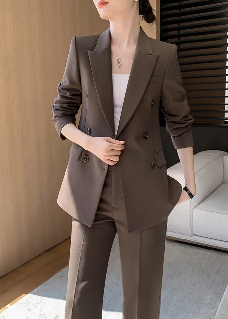 Brown Double Breasted Blazer Wide Pants Suit Two-Piece Set