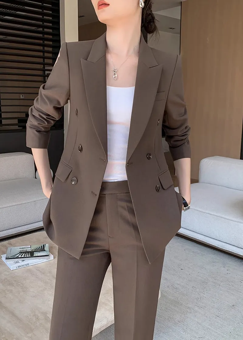 Brown Double Breasted Blazer Wide Pants Suit Two-Piece Set