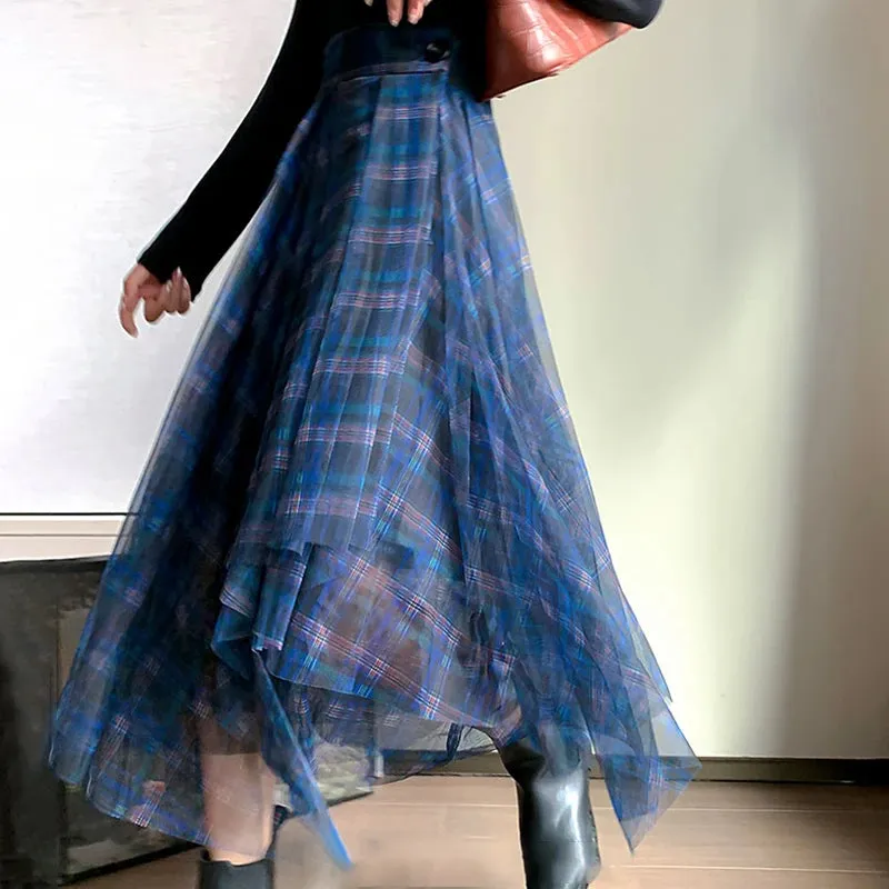 Casual Plaid Patchwork Mesh Women's Skirts High Waist Hit Color Elegant A Line Skirt For Female Spring Fashion Clothing