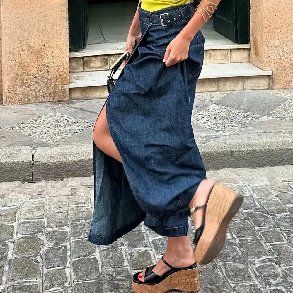 Casual Vintage Loose Denim Long Skirt with Elegant Sashes Bottom