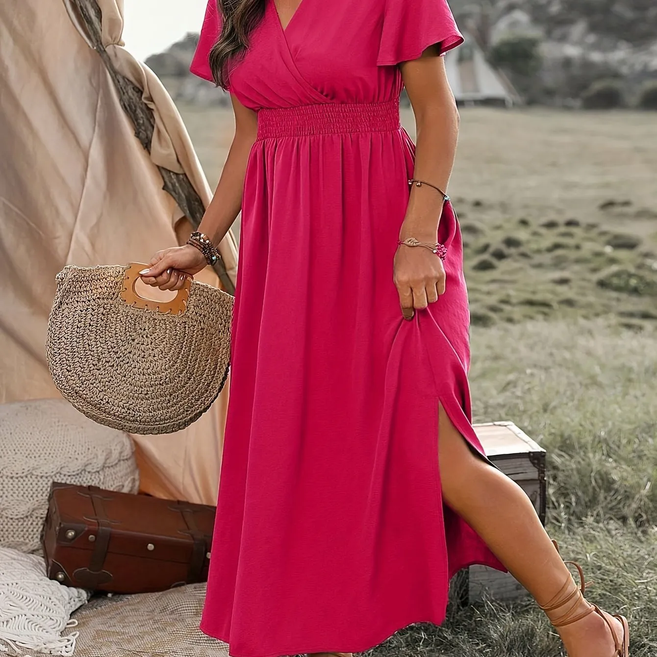 Casual Wrap Dress with Short Sleeves and Slit