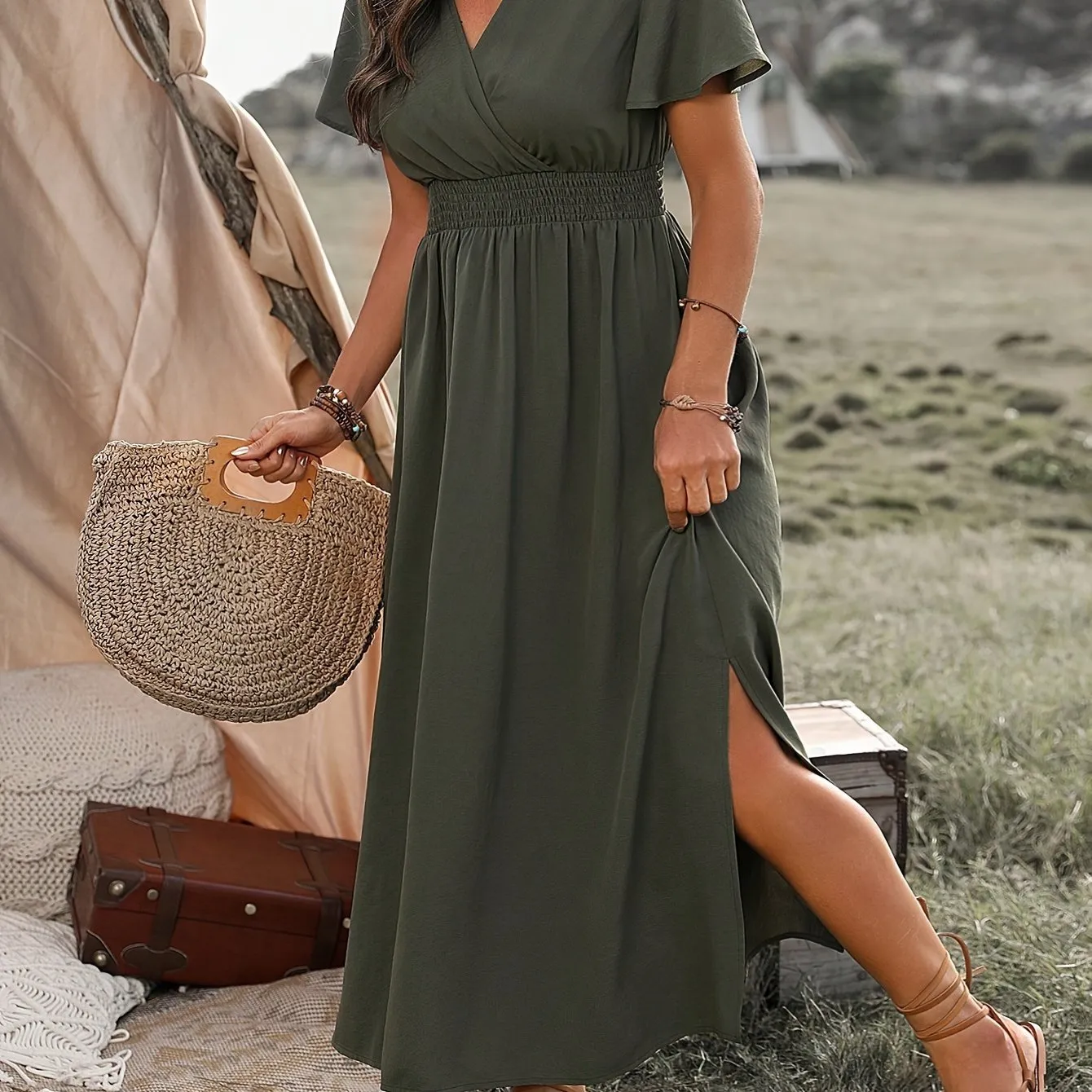 Casual Wrap Dress with Short Sleeves and Slit