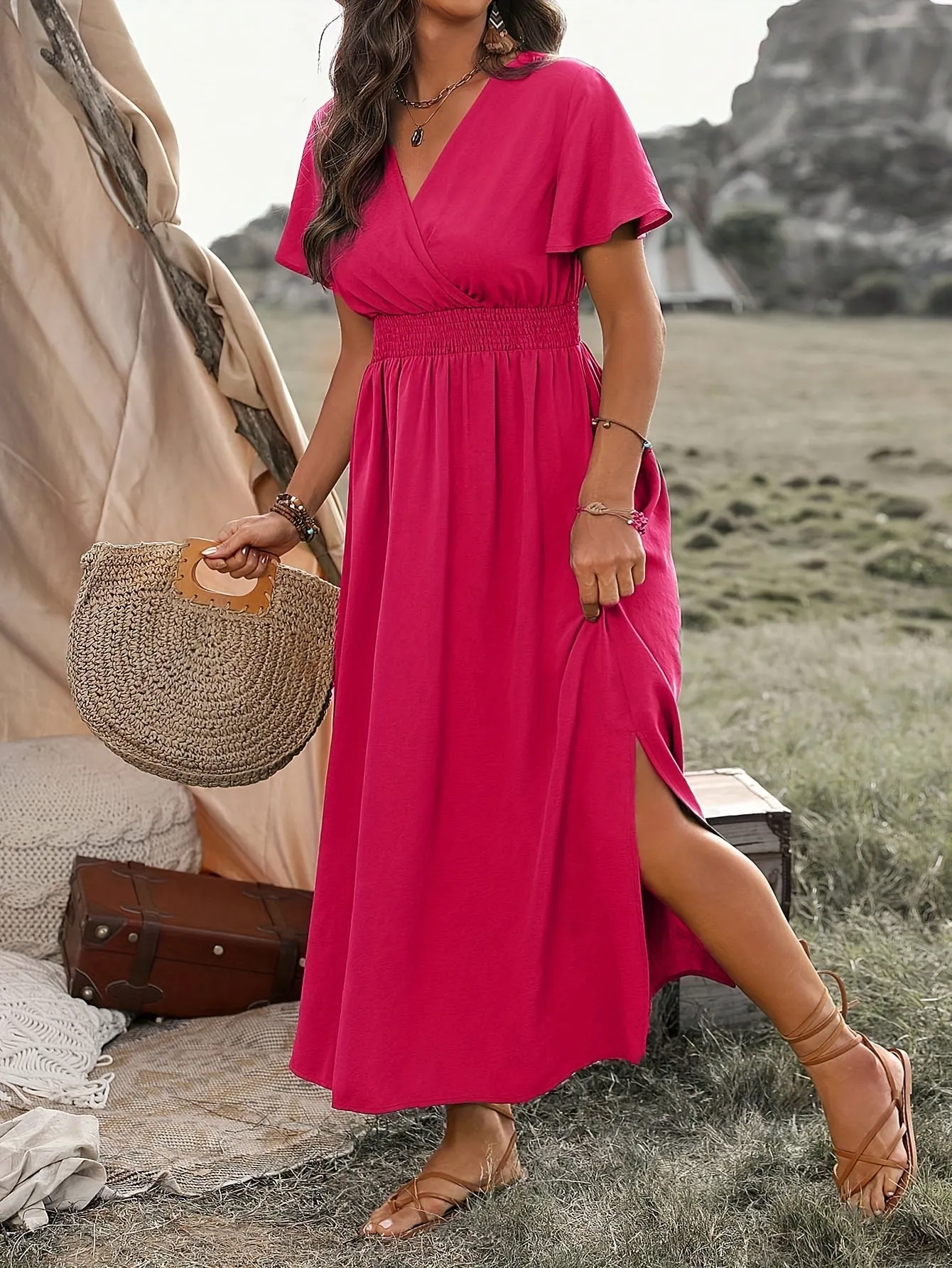 Casual Wrap Dress with Short Sleeves and Slit