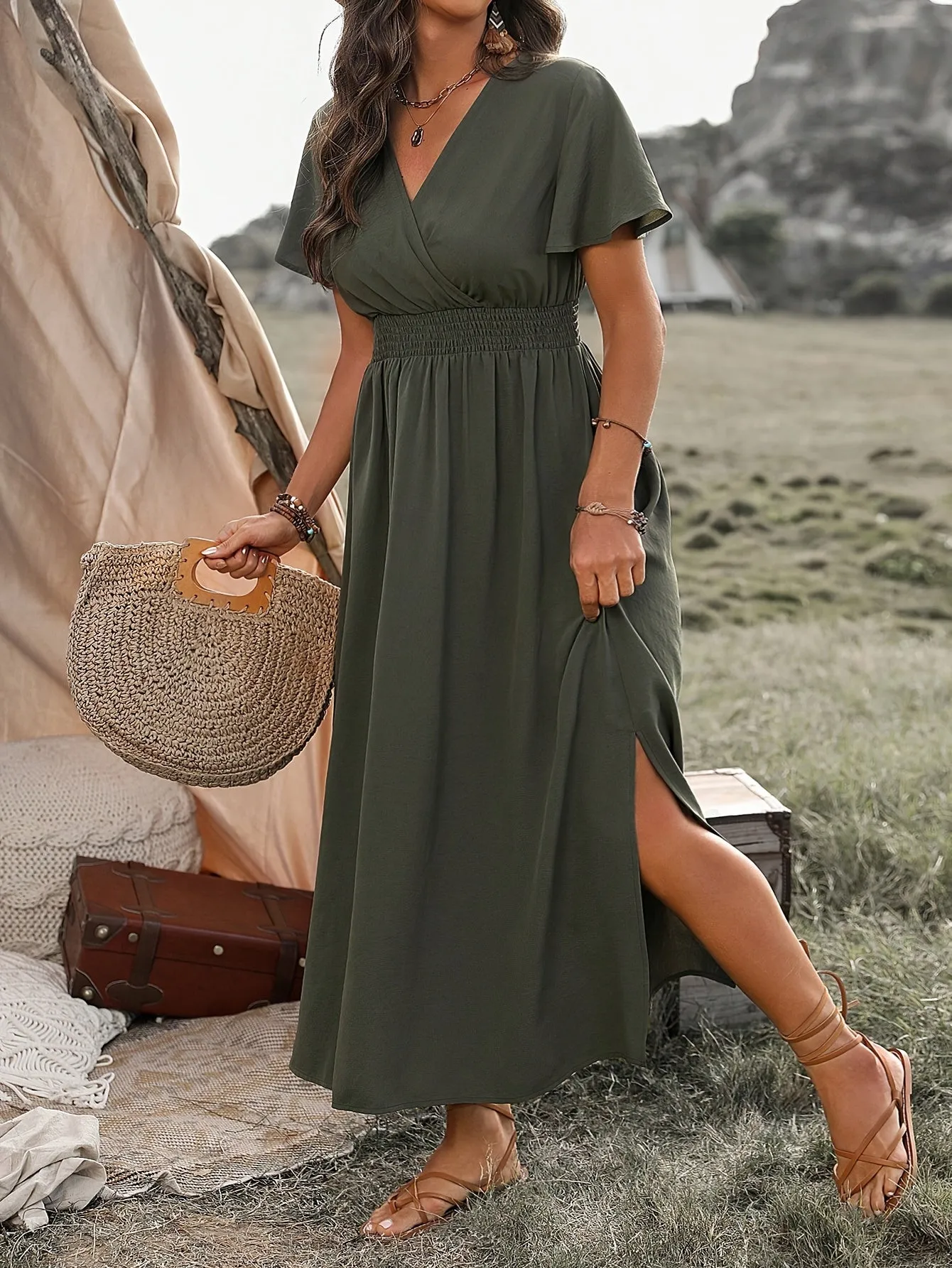 Casual Wrap Dress with Short Sleeves and Slit