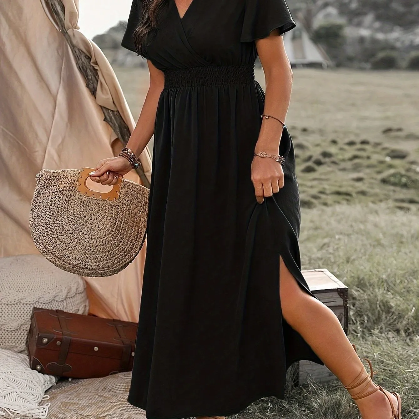 Casual Wrap Dress with Short Sleeves and Slit